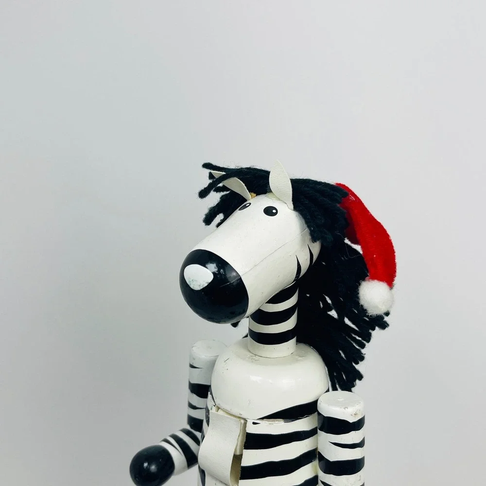 Zebra Wooden Nutcracker Christmas Decor Safari Animal Santa Hat 12 Inch